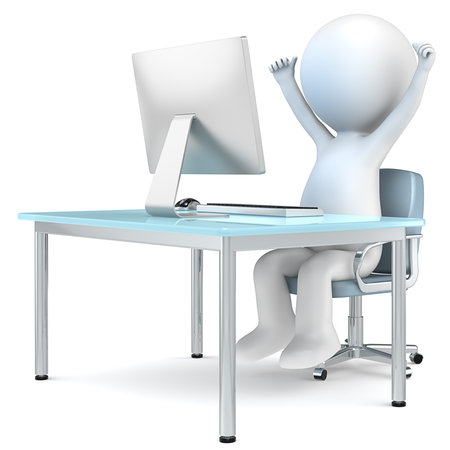 3D little human character sitting by computer screen with arms up  People series の写真素材