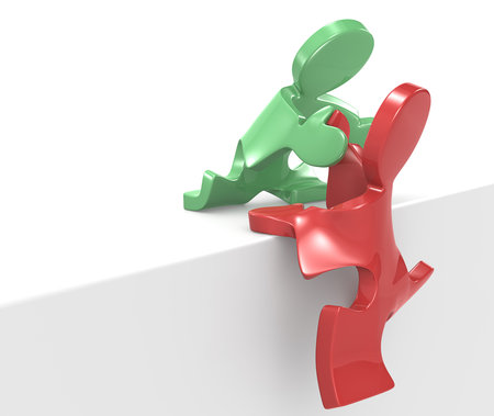 Puzzle people giving a helping hand  Red and Green の写真素材