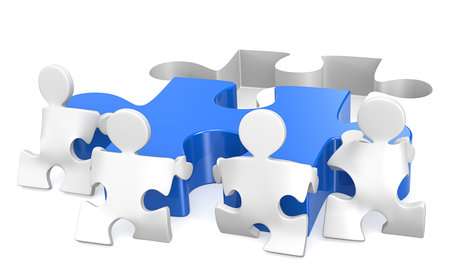 Puzzle People x4 helping out putting piece in place  Blue の写真素材