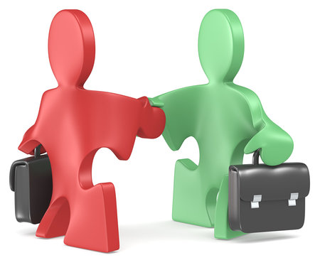 Puzzle People x 2 with briefcase shaking hands  Red and green の写真素材