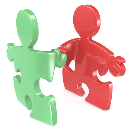 Puzzle People shaking hands. Green and Red.の写真素材