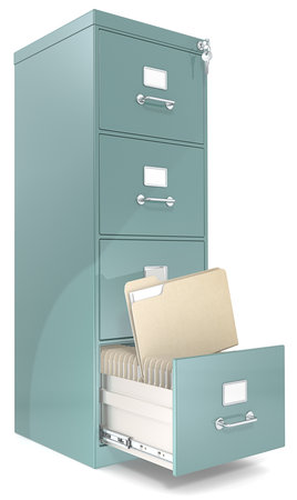 File Cabinet  Classic file cabinet with lock  One open drawer  Copy Space の写真素材