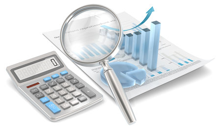Calculate Growth  Magnifying glass, calculator, 3D Graph and pie chart of frosted glass の写真素材