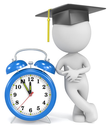Graduation time  Dude the Student pointing at blue alarm Clock at 5 to 12  の写真素材
