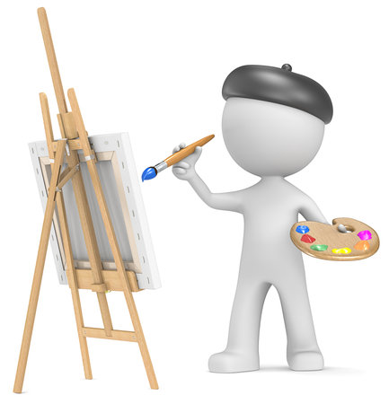Dude the Artist painting  Holding brush and palette  3D little human character の写真素材