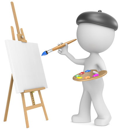 The Artist  Dude the Artist painting  Holding brush and palette  3D little human character  Side view の写真素材