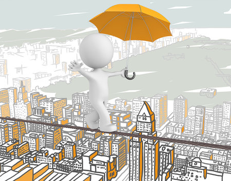 Brave. The Dude walking on a rope over abstract orange cityscape.の写真素材