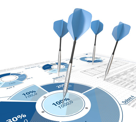 Hitting Target. Darts on infographics document with pie charts. Blue.の写真素材