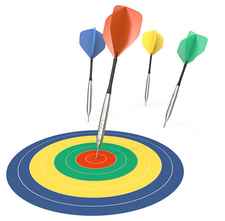 Performance. 4 Dart arrows. One hitting target. Color theme.の写真素材