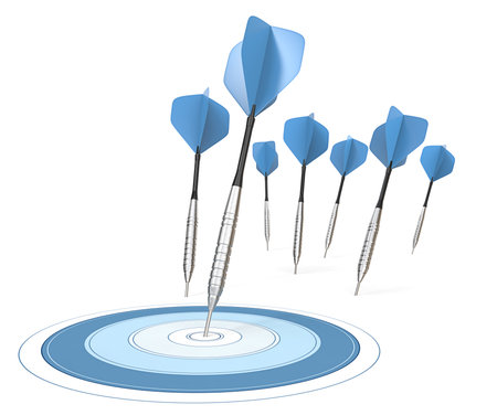 Success. 7 Dart arrows. One hitting target. Blue theme.の写真素材