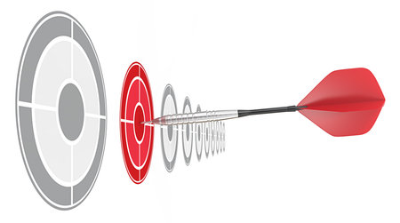 Red Dart. Horizontal row of targets. Red dart hitting target.の写真素材