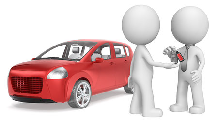 Buy a Car. The dude 3D character getting Keys to Red Car. No Branded.の写真素材