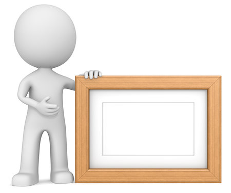 Wooden picture frame. The dude 3D character holdning Picture Frame. Teak, Copy Space.の写真素材