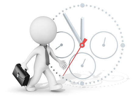 Deadline. The dude 3D character businessman rushing. Clock in background.の写真素材