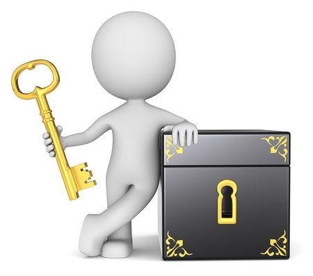 The key keeper. The dude 3D character holding Golden Key to Closed Box.の写真素材