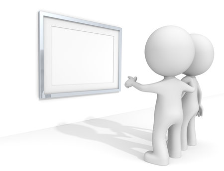 Picture Frame. The dude 3D characters at the Gallery pointing at Blank Metal Frame.の写真素材