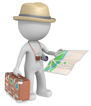 The Tourist. The dude 3D character holding vintage Suitcase, post-retro SLR Camera and City Map.の写真素材