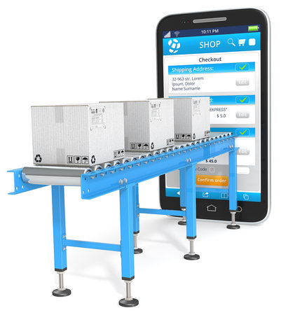 One page checkout. Industrial Conveyor with cardboard Boxes connected to Smartphone. Checkout page.の写真素材