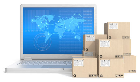 Global shipping. Laptop with globl network map screen and pile of cardboard boxes.の写真素材