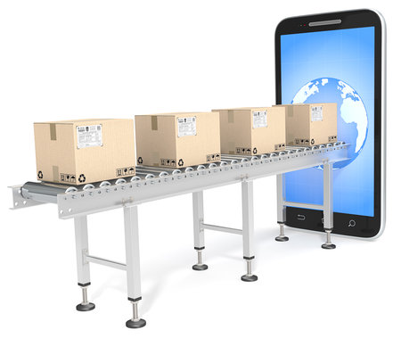 World wide distribution. Industrial Conveyor with cardboard Boxes connected to Smartphone. Earth Globe on Backlit Screen.の写真素材