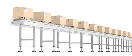 Roller Conveyor. Horizontal view of Industrial Roller Conveyor with cardboard Boxes. All steel brown cardboard with shipping labels.の写真素材