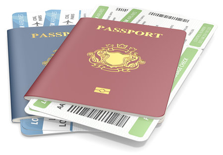 Passports and tickets. Red and Blue Passports and Boarding Pass. NonCountry golden Blazon.の写真素材