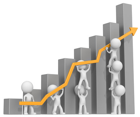   Dude 3D characters X7 business people pushing up orange Graph. Dark Gray Bars.の写真素材