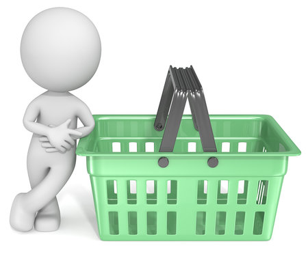 Green Shopping. Dude 3D character leaning against Green Shopping Basket pointing.の写真素材