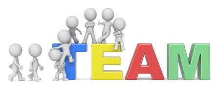The Team. Dude 3D characters X8 climbing up on letters forming TEAM. Color version.の写真素材
