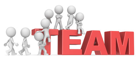 Gather the Team. Dude 3D characters X8 climbing up on Red letters forming TEAM.の写真素材