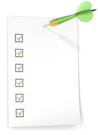 Check list. Check list with tick boxes. Paper on wall by Dart Arrow. Green theme color.の写真素材
