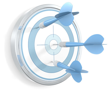 Dart Board on wall with 3 dart arrows. Blue and metal.の写真素材
