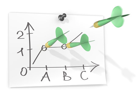 Forecast. Paper with sketch graph and green dart arrows. One arrow flying about to hit target.の写真素材