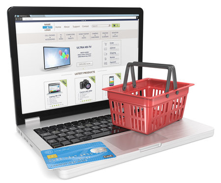 Online Shop. Laptop with Credit Card and Blue Shopping Basket. Sample Web Shop. Non branded Computer. Generic Name, Numbers and Logos on Credit Card, products and Shop.の写真素材