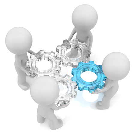 Management. Dude 3D characters X4 holding Cogwheels of Glass. One of Blue Glass. Top view.の写真素材