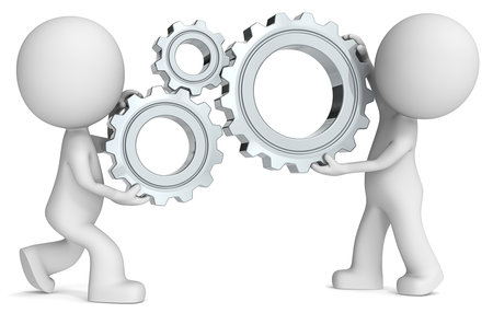 Teamwork. Dude 3D characters X2 holding metal Cogwheels. Side view.の写真素材
