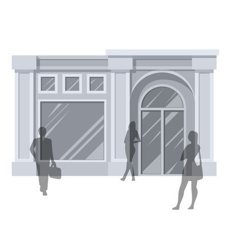 Shopping. Abstract illustration of Urban Shop Facade and People Shopping. Retail Series.のイラスト素材