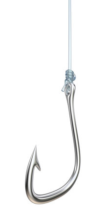 Isolated Fishing Hook and Line. 3d Render of Fishing Hook attached to Fishing Line with Clinch Knot.の写真素材
