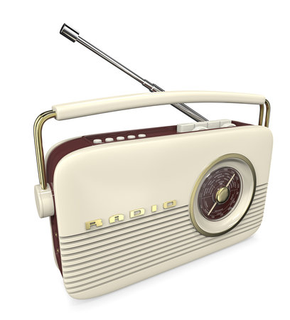 Radio. 3D render of a Classic white,red and brass Retro Style Radio. Side top view.の写真素材