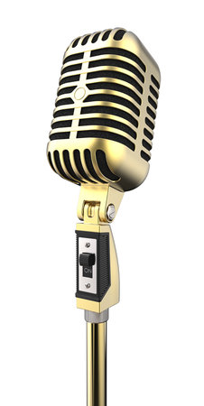 Golden Retro Microphone. 3D render of Classic style retro Golden Microphone on a Stand. On Off button. Isolated.の写真素材