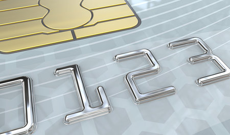 Light Blue Credit Card. Macro view of Credit Card with Chip. Light Blue pattern plastic. 3D render. Generic names and numbers, non branded.の写真素材