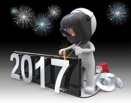 New Years 2017. Dude 3D character the Welder, welding number 7 to 2017 New Years Eve. Fireworks in Background.の写真素材