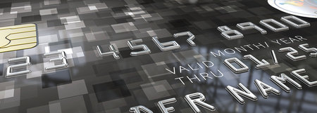 Macro of Credit Card. Panorama Macro view of Credit Card with Chip. Black square pattern plastic. 3D render. Generic names and numbers, non branded.の写真素材