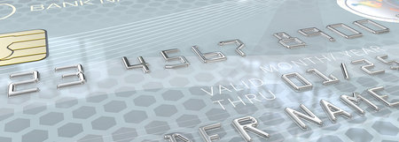 Macro Light Blue Credit Card. Panorama Macro view of Credit Card with Chip. Blue pattern plastic. 3D render. Generic names and numbers, non branded.の写真素材