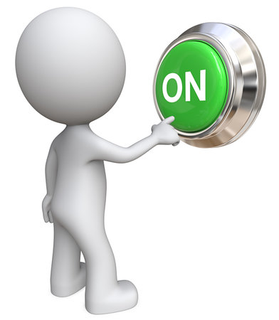 ON. Dude 3D character pushing Large Green ON Button.の写真素材