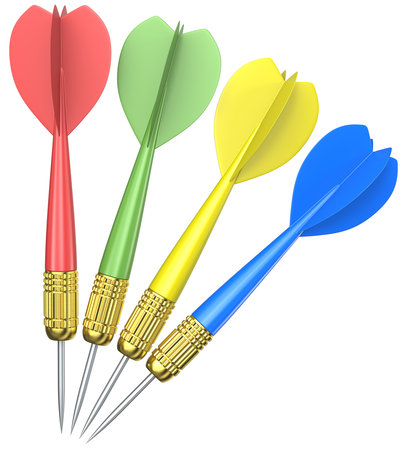 Isolated Dart Arrows. 3D render of 4 Dart Arrows. Red, green, yellow and blue. Isolated.の写真素材