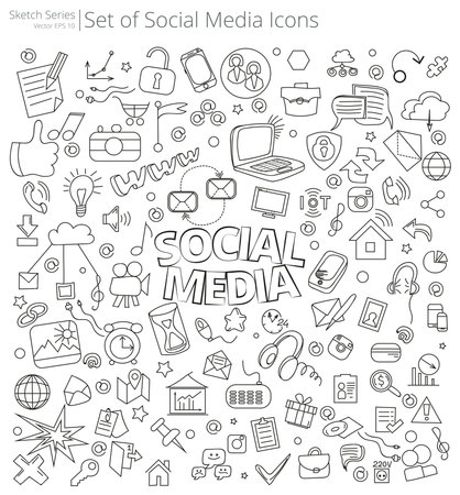 Hand Drawn Social Media icons. Vector Illustration of large set of Social Media icons and doodles. Hand Drawn Sketch Style.の写真素材