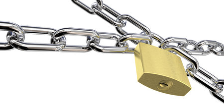 4 Chains with Brass Padlock. Wide ratio and Isolated, Perspective view. 3D render.の写真素材