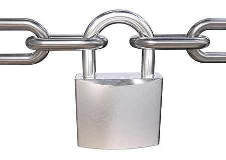 Security. Close up of  Steel Chain with Padlock. Scratched and worn texture. Isolated 3D render.の写真素材