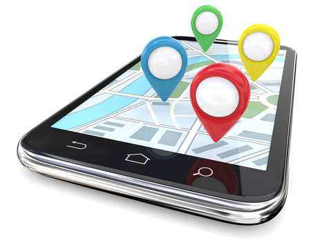 Smartphone GPS pointers. Smartphone with GPS pointers on Screen Map. Red, green, blue, yellow.  Copy Space, 3D render.の写真素材